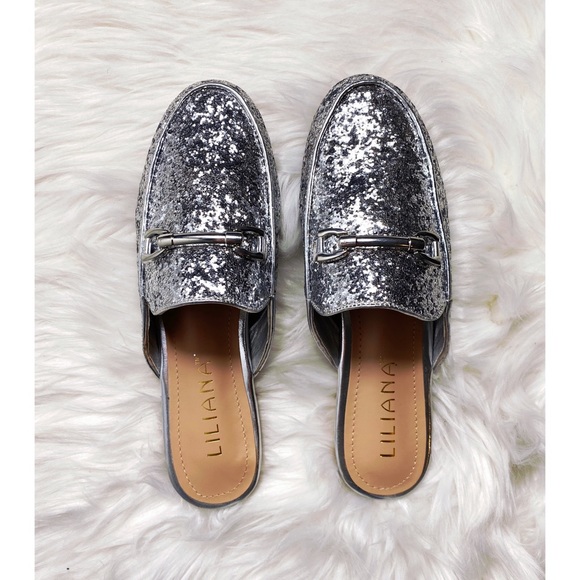 silver glitter mules